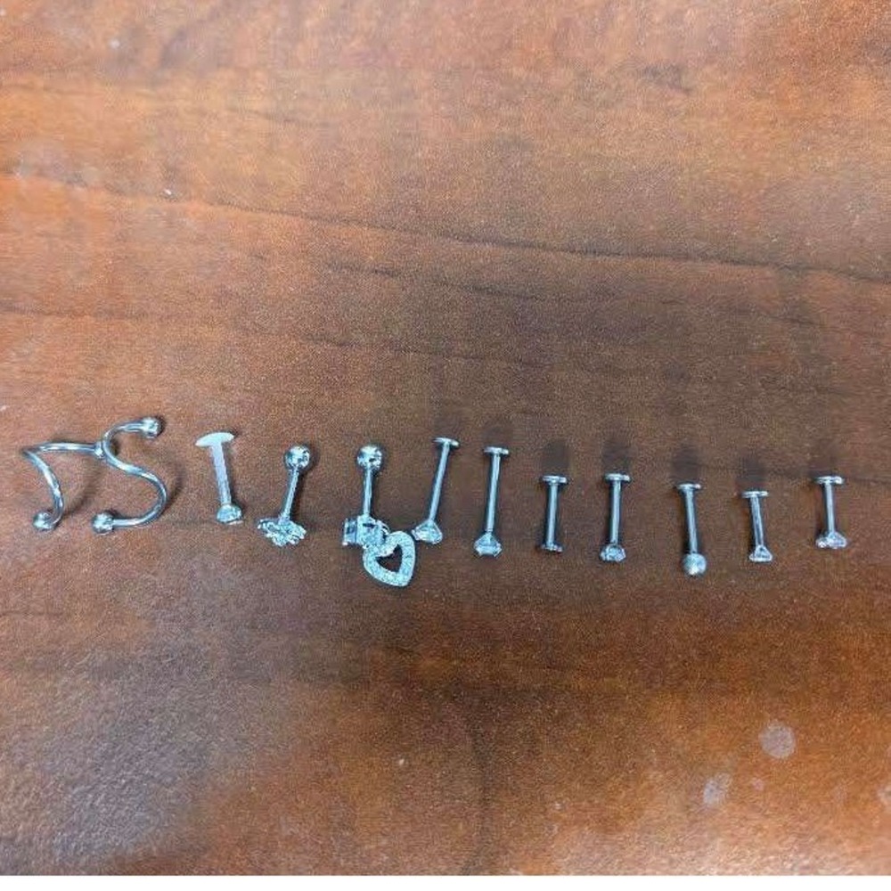 12pc Surgical Steel Body Jewelry Set Labret Studs Spiral Barbells Heart Star CZ